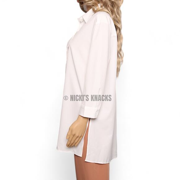 White 3/4 Sleeve Button Front Tunic Top Collared Lightweight Blouse Size M - Picture 3 of 8